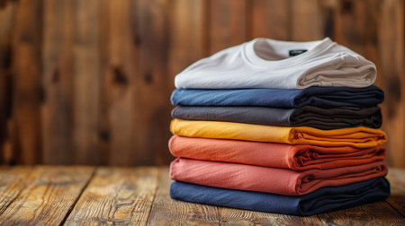 A neatly stacked arrangement of colorful folded t-shirts resting on a rustic wooden surface. The vibrant colors create a visually appealing display, perfect for fashion and retail themes. ai generated.の素材