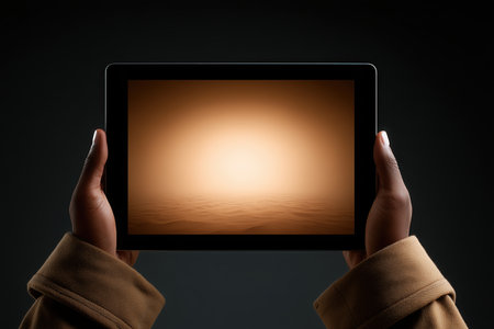 A pair of hands holding a tablet device with a blank screen against a dark background. The image emphasizes the technology and digital interaction, ideal for presentations or advertisements. ai generated.の素材