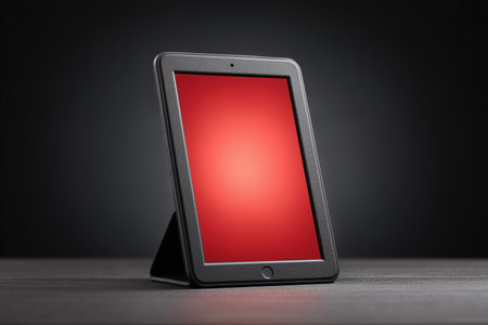 A sleek black tablet positioned on a stand, displaying a vibrant red screen. The minimalist background enhances the modern design of the device, making it ideal for technology-related themes. ai generated.の素材