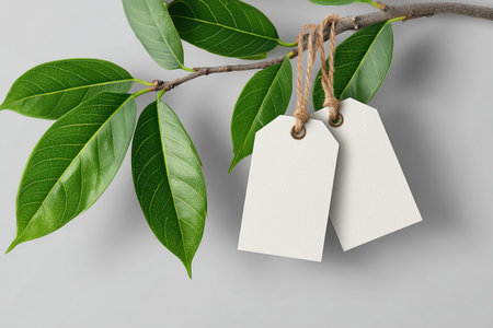 Two blank tags are hanging from a branch surrounded by lush green leaves. This image can be used for various labeling or branding purposes. ai generated.の素材