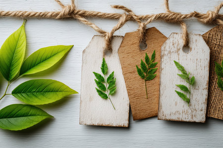 A creative display of natural leaf tags hanging on twine, accompanied by vibrant green leaves. This image captures the essence of nature and is perfect for eco-friendly themes and crafts. ai generated.の素材