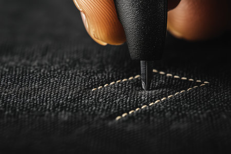 This image captures a close-up view of a hand using a pen to draw on a piece of black fabric. The intricate details highlight the creative process involved in textile design or crafting. ai generated.の素材