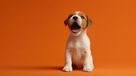 A playful puppy sitting with its mouth open against a vibrant orange background. This adorable pet image captures the joyful essence of a young dog, perfect for animal lovers. ai generated.の素材