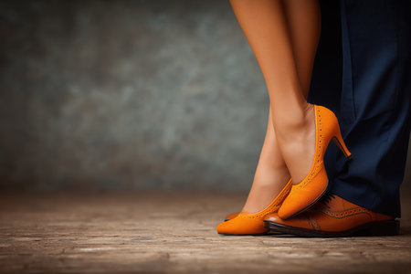 Close-up of two pairs of feet in stylish dance shoes, showcasing vibrant orange heels and polished dress shoes. The image captures the essence of dance and elegance in a romantic setting. ai generated.の素材