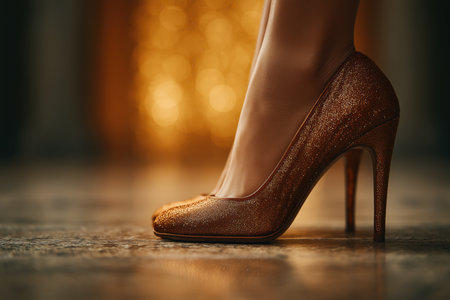 A close-up view of an elegant high heel shoe resting on a polished floor. The warm background adds a touch of sophistication and glamour to the scene. ai generated.の素材