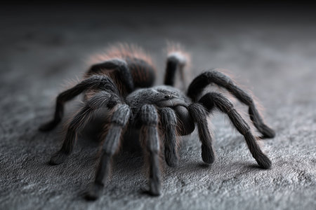 This close-up image showcases a tarantula spider, highlighting its intricate details and textures. The spider is positioned on a textured surface, creating a striking visual contrast. ai generated.の素材