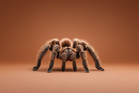 This image features a detailed close-up of a tarantula, showcasing its hairy legs and distinctive features against a warm brown background. Ideal for nature and wildlife themes. ai generated.の素材
