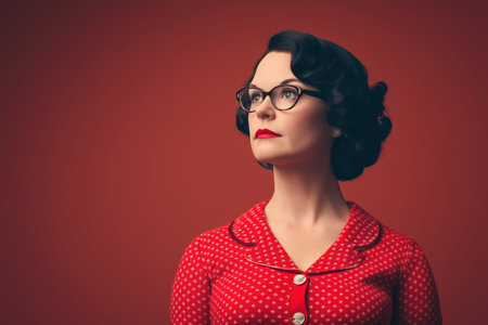A stylish woman with retro curls and glasses poses confidently against a warm red background. Her polka dot dress adds a touch of vintage charm to the scene. ai generated.の素材