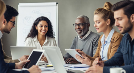 A diverse group of professionals engaged in a collaborative meeting, sharing ideas and discussing strategies. The setting features modern technology, including laptops and tablets, enhancing the teamwork atmosphere. ai generated.の素材