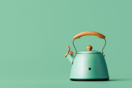 A stylish vintage teapot with a wooden handle sits against a mint green background. This image captures the essence of retro kitchenware, perfect for home decor or culinary themes. ai generated.の素材