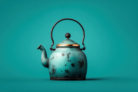 A vintage-style teapot with a patina finish, set against a vibrant turquoise background. This image captures the charm of classic kitchenware, perfect for home decor and culinary themes. ai generated.の素材