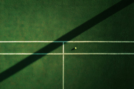 This aerial image captures a tennis court with a single tennis ball in play. The green surface and white lines create a vibrant contrast, highlighting the sport's dynamic nature. ai generated.の素材