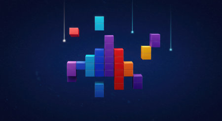 a fun and dynamic illustration of multicolored falling blocks arranged in a pixelated shape against a deep starry night sky. glowing meteors descend in the background, giving the scene a game-like, futuristic feel. perfect for gaming content, digital themes, and presentation backdrops. ai generated.の素材