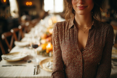 A stylish woman poses at a beautifully set dining table, adorned with seasonal decorations. The warm ambiance of the restaurant creates a cozy atmosphere, perfect for gatherings and celebrations. ai generated.の素材