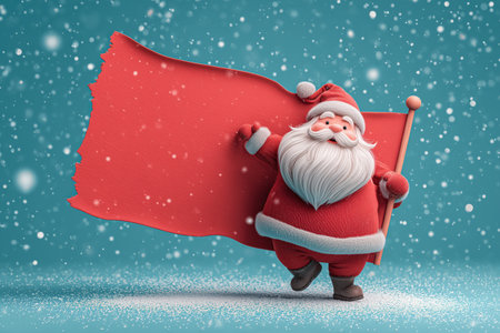 a festive and powerful depiction of santa claus joyfully holding a large red flag, standing in a snowy winter setting. the teal blue background and whimsical snowfall create a vibrant and celebratory christmas scene. perfect for holiday greeting cards, promotional banners, or seasonal print designs. ai generated.の素材