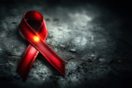 A close-up of a red ribbon representing awareness for AIDS. The ribbon is set against a dark, textured background, highlighting its significance in health campaigns. ai generated.の素材