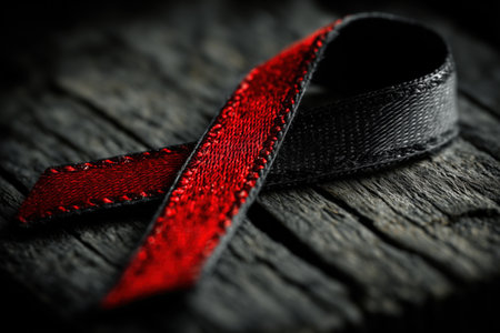 A close-up image of a red and black ribbon placed on a textured wooden surface. The ribbon symbolizes awareness and support for aids and other health-related causes. ai generated.の素材