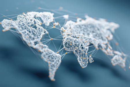 This image features an abstract representation of a world map created with a network of lines and nodes. It symbolizes global connectivity and technological advancements. ai generated.の素材