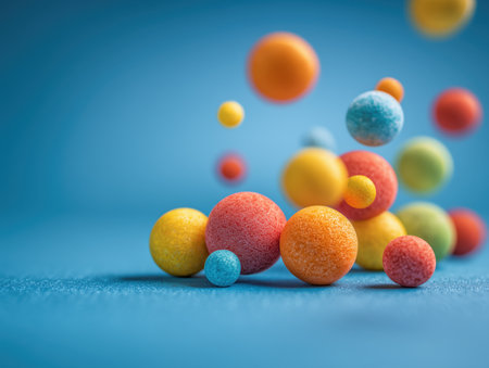 A collection of vibrant, textured spheres in various sizes and colors floating against a blue background. This abstract composition creates a playful and dynamic visual effect. ai generated.の素材