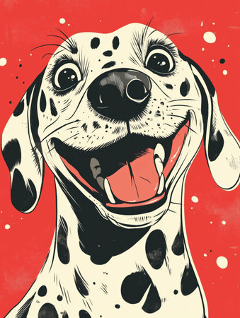 This vibrant comic style poster features a cheerful dalmatian dog with a big smile against a bold red background. The playful design captures the joyful essence of this beloved breed, making it perfect for pet lovers and art enthusiasts. ai generated.の素材
