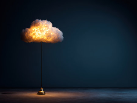 A surreal depiction of a glowing cloud suspended on a pole in a dimly lit environment. The contrast between the illuminated cloud and the dark background creates a striking visual effect. ai generated.の素材