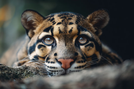 a serene close-up of a clouded leopard, showcasing its striking features and beautiful fur patterns. this majestic feline is known for its unique cloud-like markings and captivating gaze. ai generated.の素材