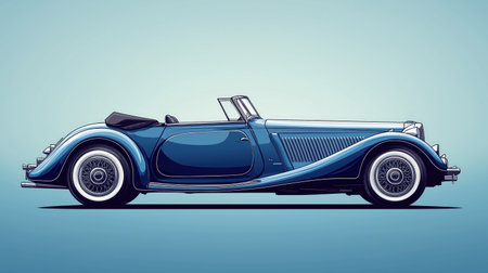 elegant side profile of a timeless blue convertible car, styled in a retro fashion and placed on a gradient blue backdrop. this visually striking layout is suited for vintage auto ads, collectible prints, and nostalgic editorial themes. ai generated.の素材