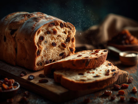 This image showcases a loaf of cinnamon raisin bread, sliced to reveal its soft texture and filled with raisins. The warm tones and rustic setting create an inviting atmosphere perfect for food lovers. ai generated.の素材