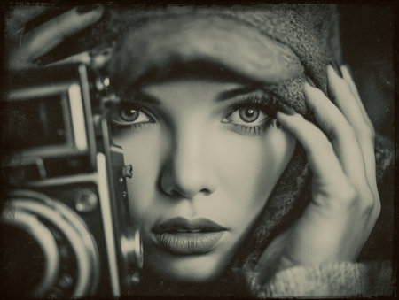 this striking vintage portrait features a woman holding a camera, showcasing her expressive eyes and stylish hat. The monochrome effect adds a classic touch to the image, making it perfect for photography enthusiasts and vintage aesthetics. ai generated.の素材