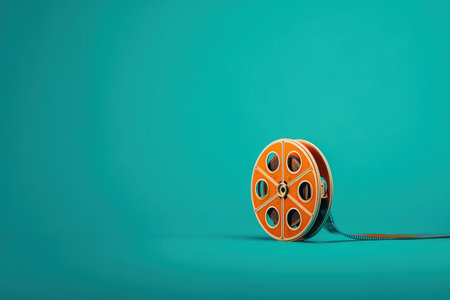 A vintage film reel sits against a vibrant turquoise background, showcasing its classic design. This image captures the essence of cinema and nostalgia, perfect for film-related projects. ai generated.の素材