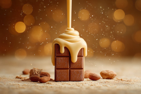 A delicious chocolate block topped with a smooth caramel drizzle, surrounded by nuts. The warm, inviting background adds a touch of sweetness to this tempting dessert scene. ai generated.の素材