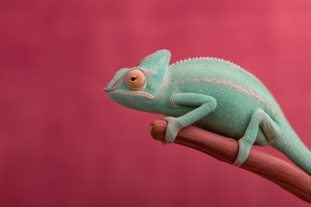A vibrant chameleon perched on a branch, showcasing its unique colors and textures. The background features a soft pink hue, enhancing the chameleon's striking appearance. ai generated.の素材