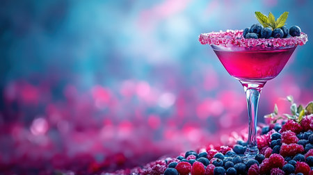 a pink-red berry cocktail served in a martini glass with a sugar-coated rim, garnished with blueberries and mint, surrounded by berries on a dreamy pink and blue background, evoking a sweet, fruity mood. ai generated.の素材