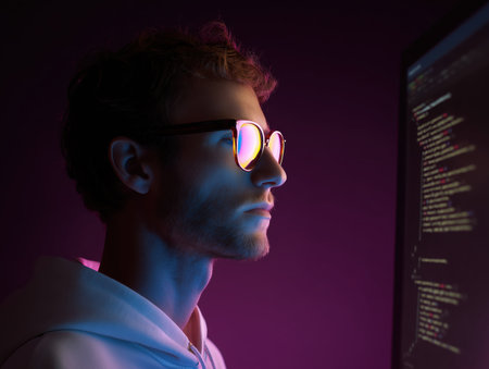 A software developer intently working on a computer screen, illuminated by colorful lighting. The image captures the essence of programming and technology in a modern workspace. ai generated.の素材