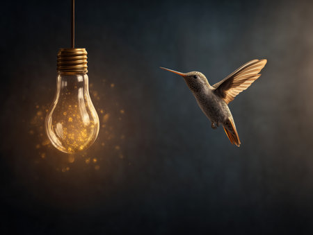 a colibri bird hovers gracefully near a glowing light bulb, creating a magical atmosphere. The contrast between the vibrant bird and the warm light adds an enchanting touch to the scene. ai generated.の素材