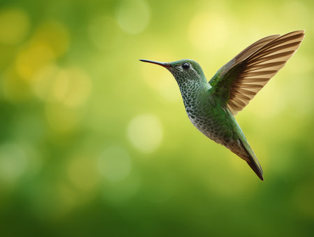 A vibrant colibri bird captured in mid-flight against a soft, blurred green background. The image highlights the bird's iridescent feathers and delicate wings. ai generated.の素材