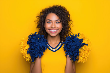 A joyful college student wearing a yellow outfit holds blue and yellow pom poms against a bright yellow background. This image captures the spirit of school pride and enthusiasm. ai generated.の素材