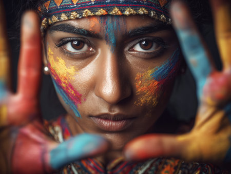 A striking portrait of a woman showcasing vibrant face paint and colorful handprints. The image captures the essence of artistic expression and cultural celebration. ai generated.の素材