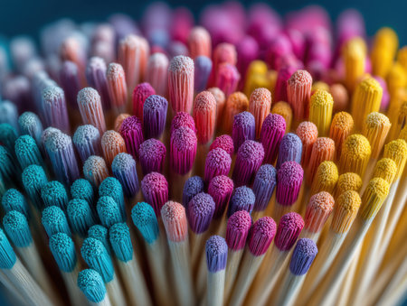 a vibrant collection of matchsticks featuring a range of colorful tips. The image showcases the intricate details and hues, creating an eye-catching visual display. ai generated.の素材