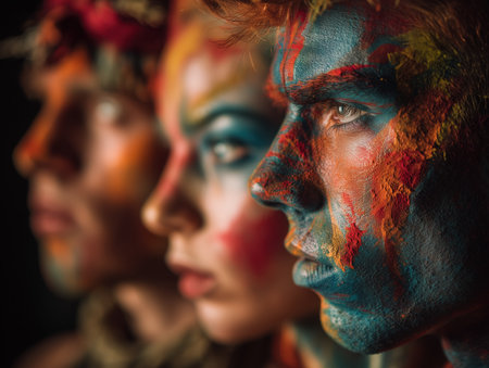 This image features three individuals with vibrant and colorful face paint, showcasing artistic expression and creativity. The striking colors and close-up perspective highlight the details of the face art. ai generated.の素材