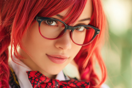 A close-up portrait of a young woman with vibrant red hair styled in pigtails, wearing glasses and a bow tie. The soft focus background enhances her striking features and playful expression. ai generated.の素材