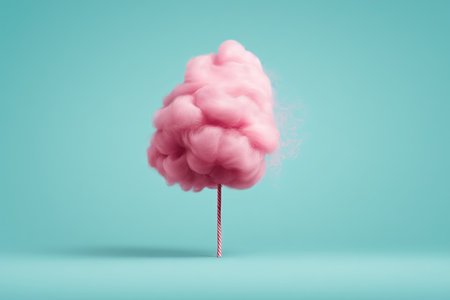A whimsical representation of pink cotton candy on a stick against a light blue background. This image captures the playful essence of a classic carnival treat. ai generated.の素材