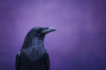 This image features a close-up of a crow with a striking profile set against a vibrant purple background. The detailed feathers and sharp beak highlight the bird's majestic appearance. ai generated.の素材
