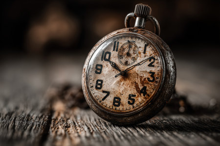 A close-up of a vintage pocket watch resting on a rustic wooden surface. The watch's intricate details and aged appearance evoke a sense of nostalgia and urgency related to deadlines. ai generated.の素材