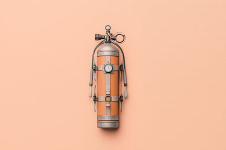 A vintage fire extinguisher displayed against a soft pastel background. This image captures the unique design and details of the extinguisher, making it suitable for various safety and vintage-themed projects. ai generated.の素材