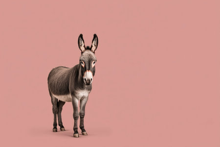 a lifelike donkey stands calmly against a muted pink background in a minimalist studio setting. the soft lighting and clean backdrop make this ideal for educational materials, modern farm-themed posters, or quirky animal-based branding. ai generated.の素材