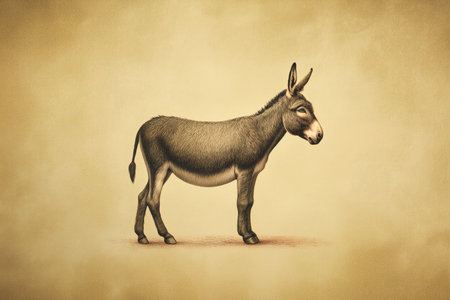 a vintage-style engraving illustration of a donkey standing in profile, drawn on a textured beige background that resembles aged paper. this image is well-suited for antique-style prints, educational history content, or classic farm branding. ai generated.の素材