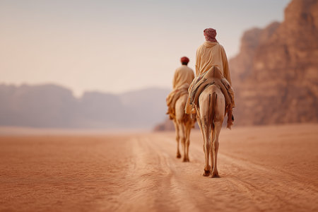 This image captures two riders on camels traversing a vast desert landscape. The warm tones and distant mountains create a serene and adventurous atmosphere. ai generated.の素材