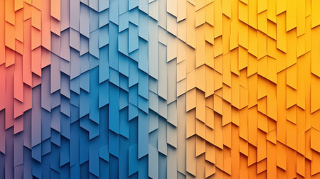 This image features a vibrant abstract geometric pattern with a gradient of colors transitioning from blue to orange. The design showcases a modern and dynamic aesthetic, suitable for various creative projects. ai generated.の素材