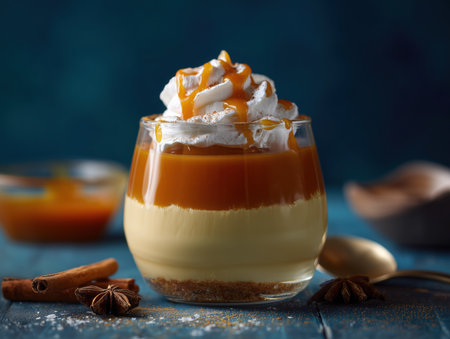 A tempting dessert featuring layers of creamy custard and rich caramel, topped with whipped cream and drizzled with caramel sauce. Perfect for sweet treats and dessert recipes. ai generated.の素材